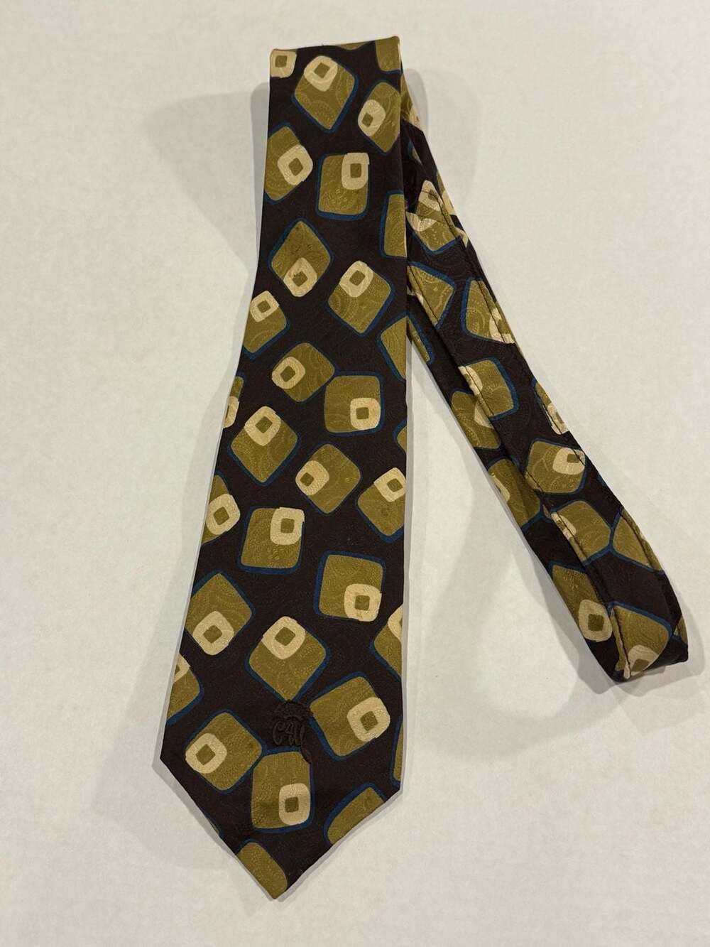 Countess Mara Vintage Silk Necktie with Green and Brown Geometric Square Pattern